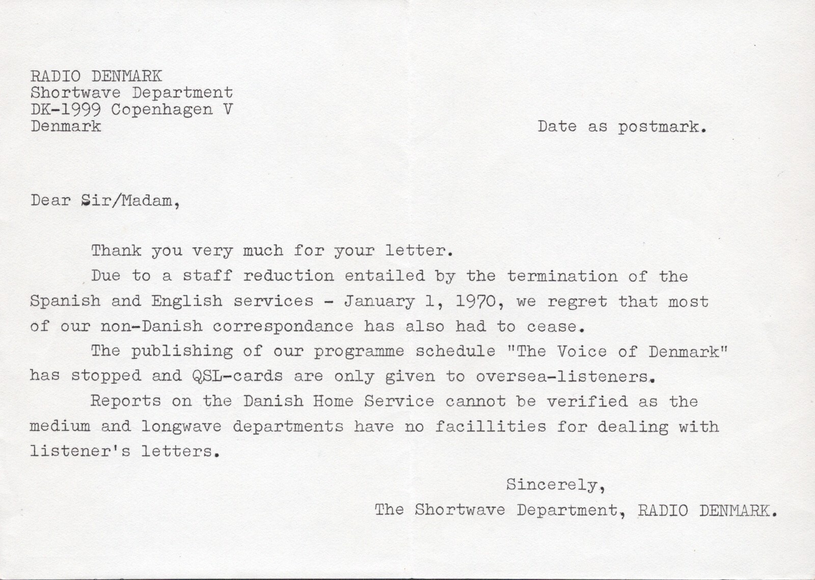 QSL Radio Denmark Spring Schedule + Note + Envelope 19.3.74 DX SWL 1974