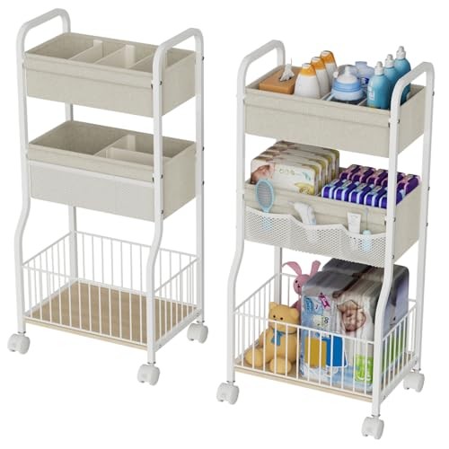 3-tier Baby Diaper Caddy Organizer and Storage Cart with 4+3 Dividers, White