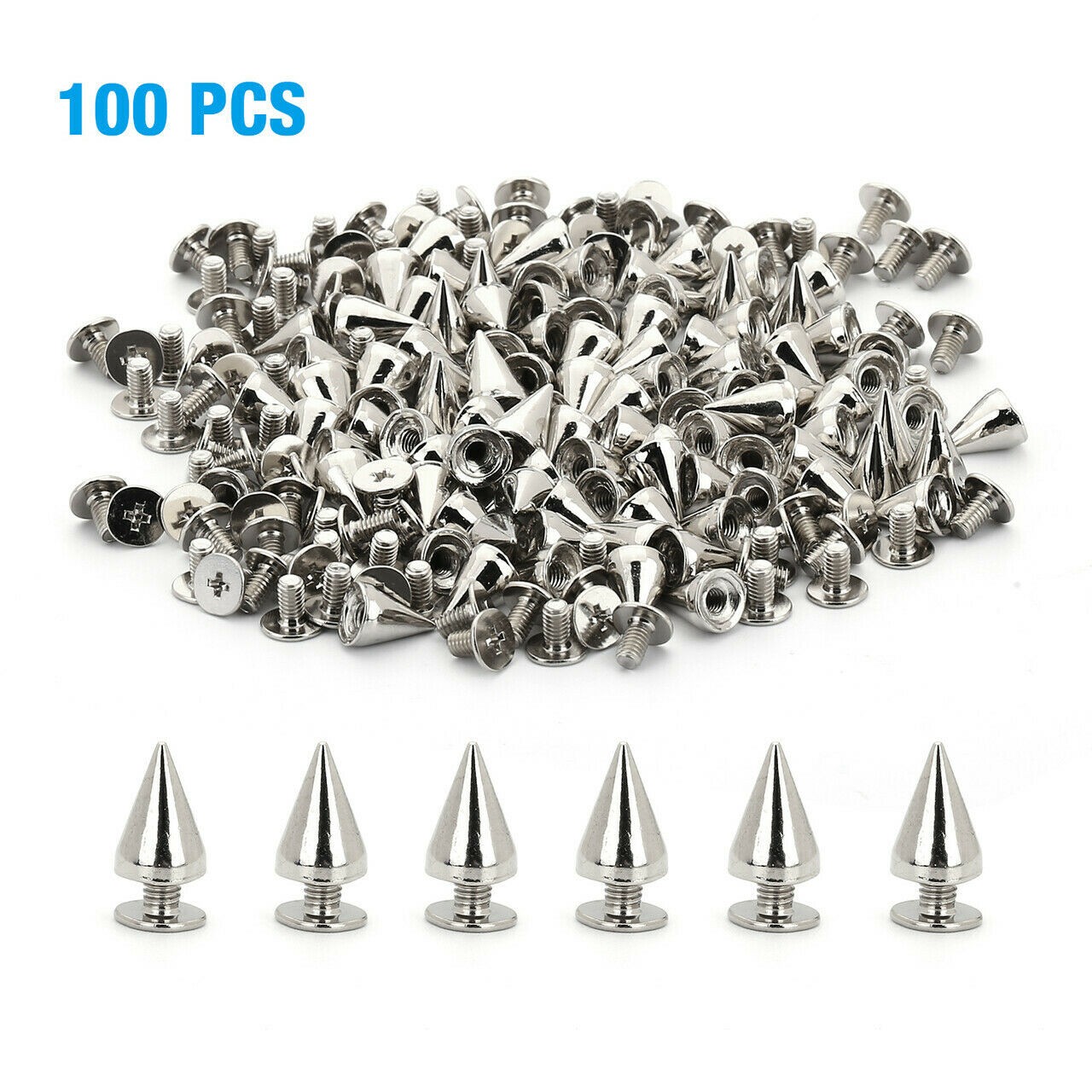 100x 10mm Silver Spots Cone Screw Metal Studs Leather craft Rivet Bullet Spikes
