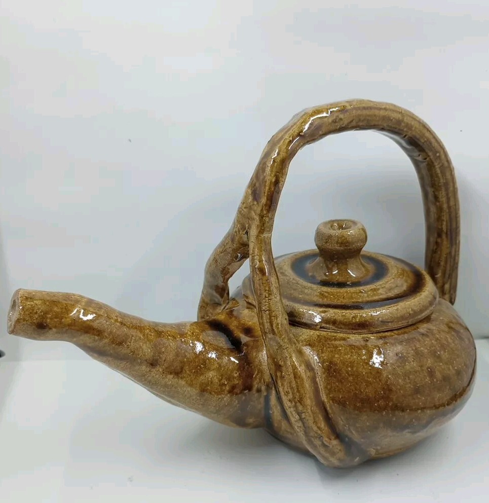 Vintage Unique Signed B. Moyer Hand Made Brownish Glaze Drip  Clay Tea Pot 1992