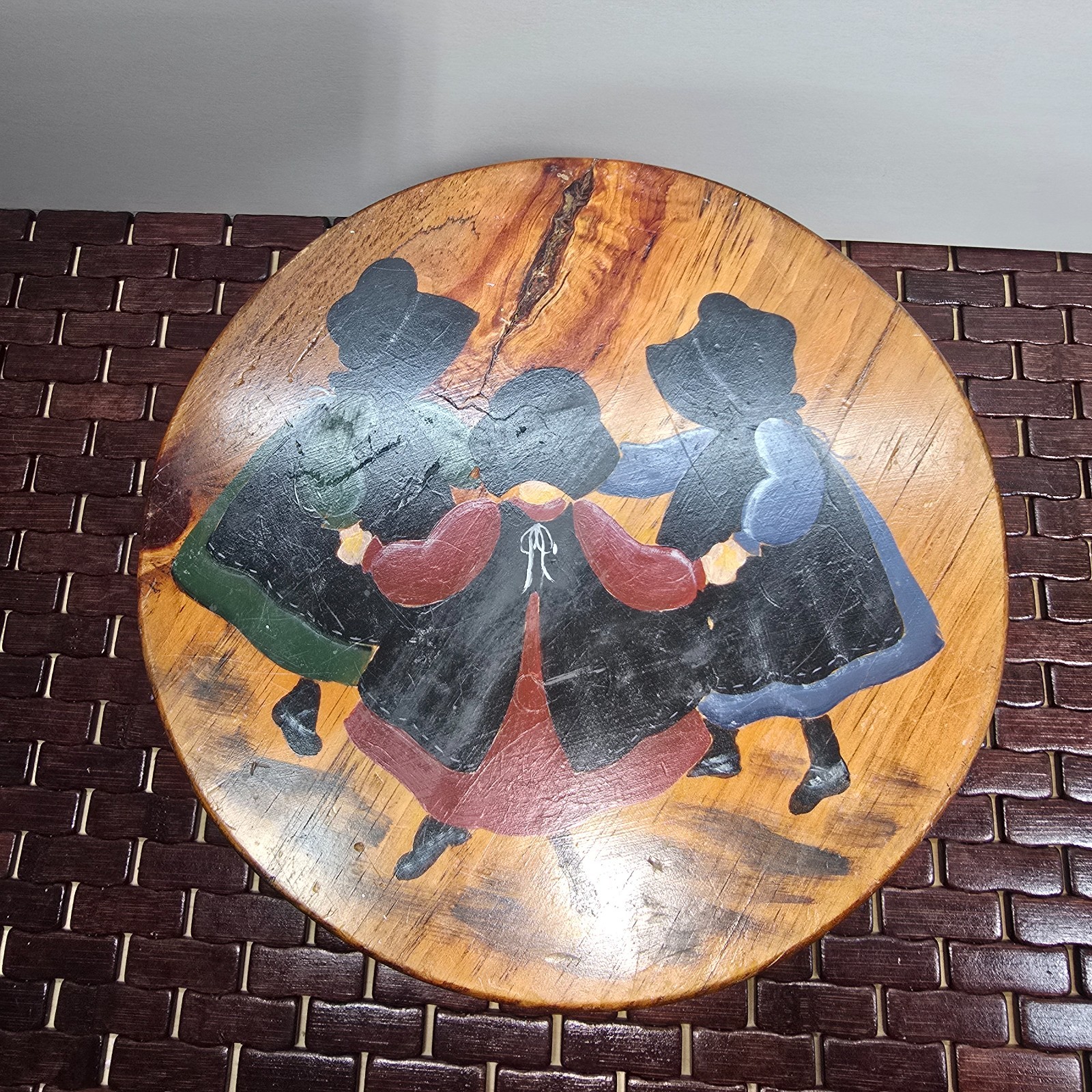 Rustic 3-Legged Vintage Hand Painted Wooden Stool 1991 Signed JoAnn Van Deventer