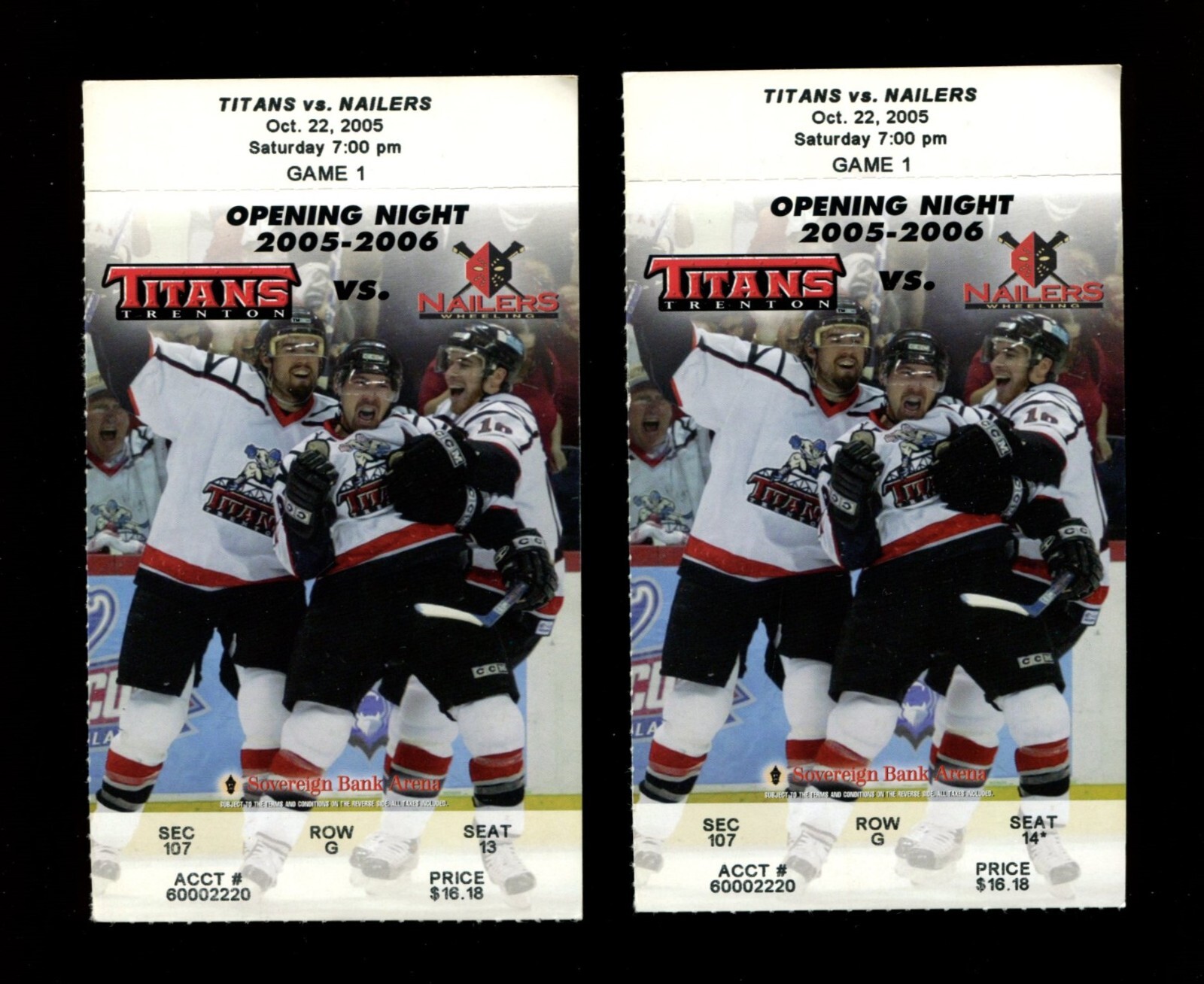 TRENTON NJ TITANS HOCKEY TICKETS OPENING NIGHT 2005 SOVEREIGN BANK ARENA