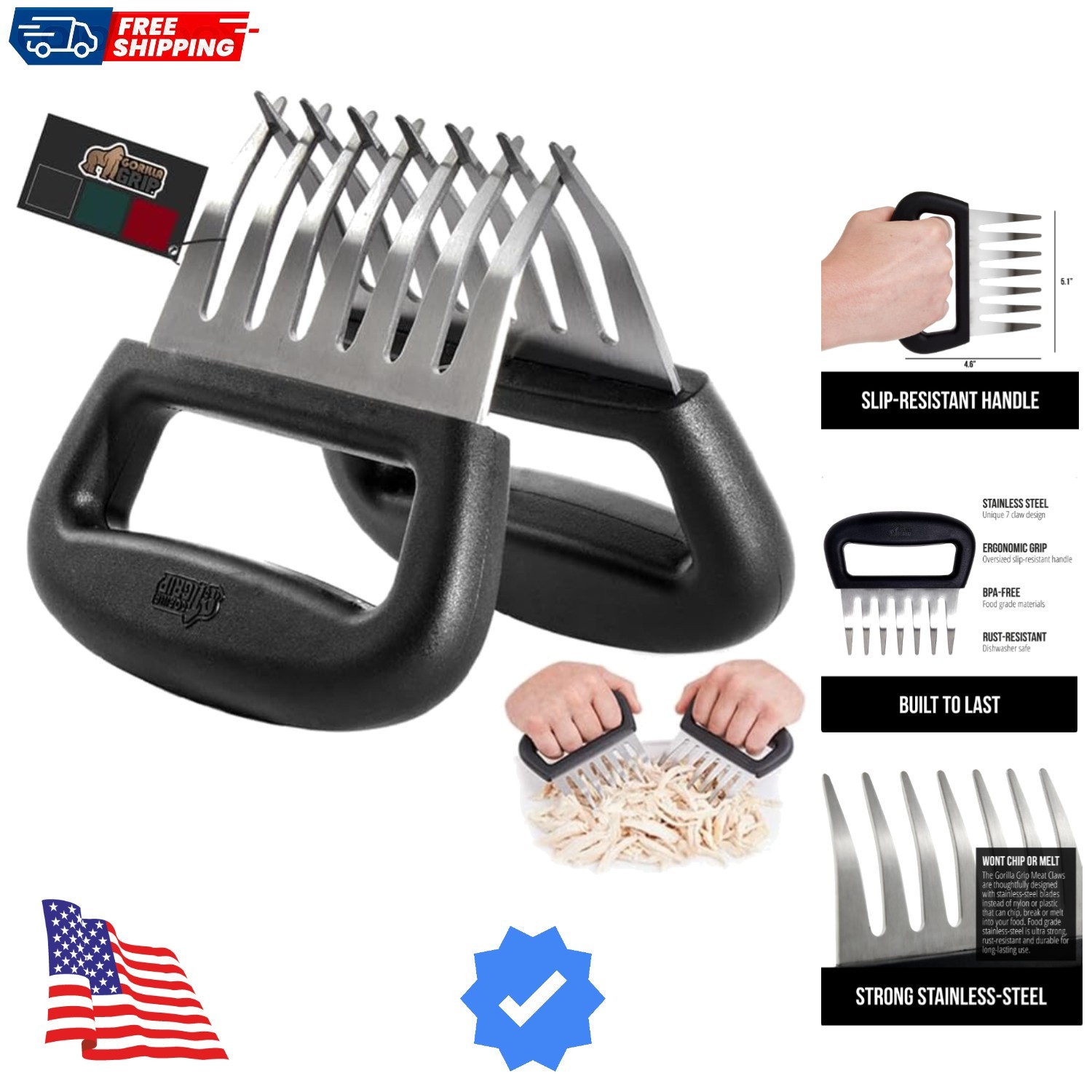 BPA-Free Chicken Shredder Meat Claws, Sharp Stainless Steel Food Shredding Fo...
