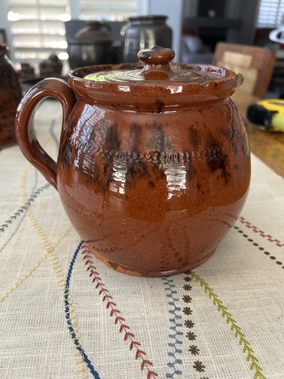 Antique Redware Sponge Decorated Teapot As-Is Condition