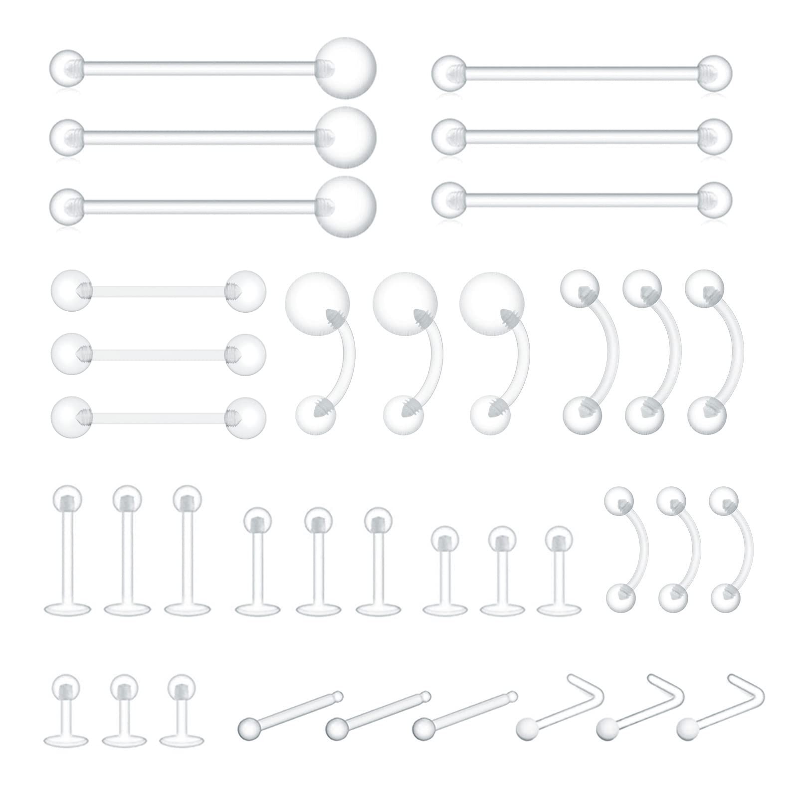 PiercingArt 36pcs Clear Piercing Retainers Bioflex Plastic 36 Pcs Mix Style 