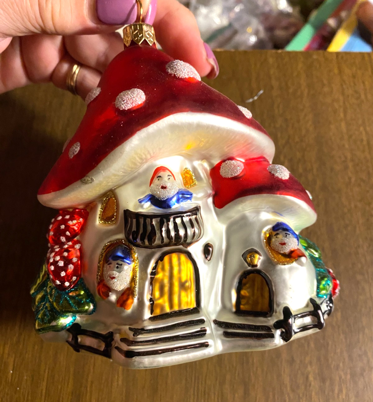 Vintage Mercury Glass Mushroom House Elves Gnomes Large Christmas Ornament 5"