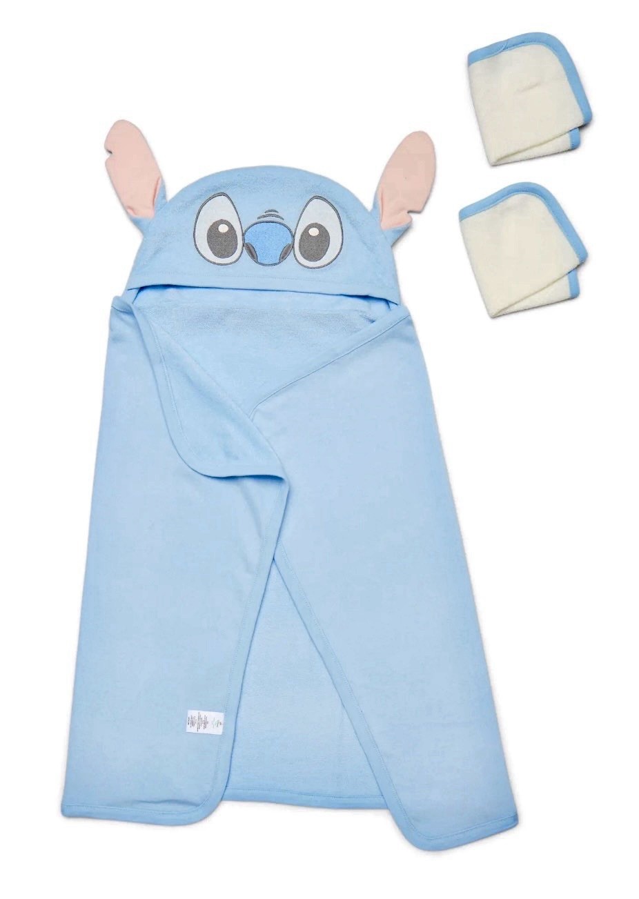 Disney Baby Wishes Stich Bath Set Hooded Towel- Wash Cloth Set OSFM