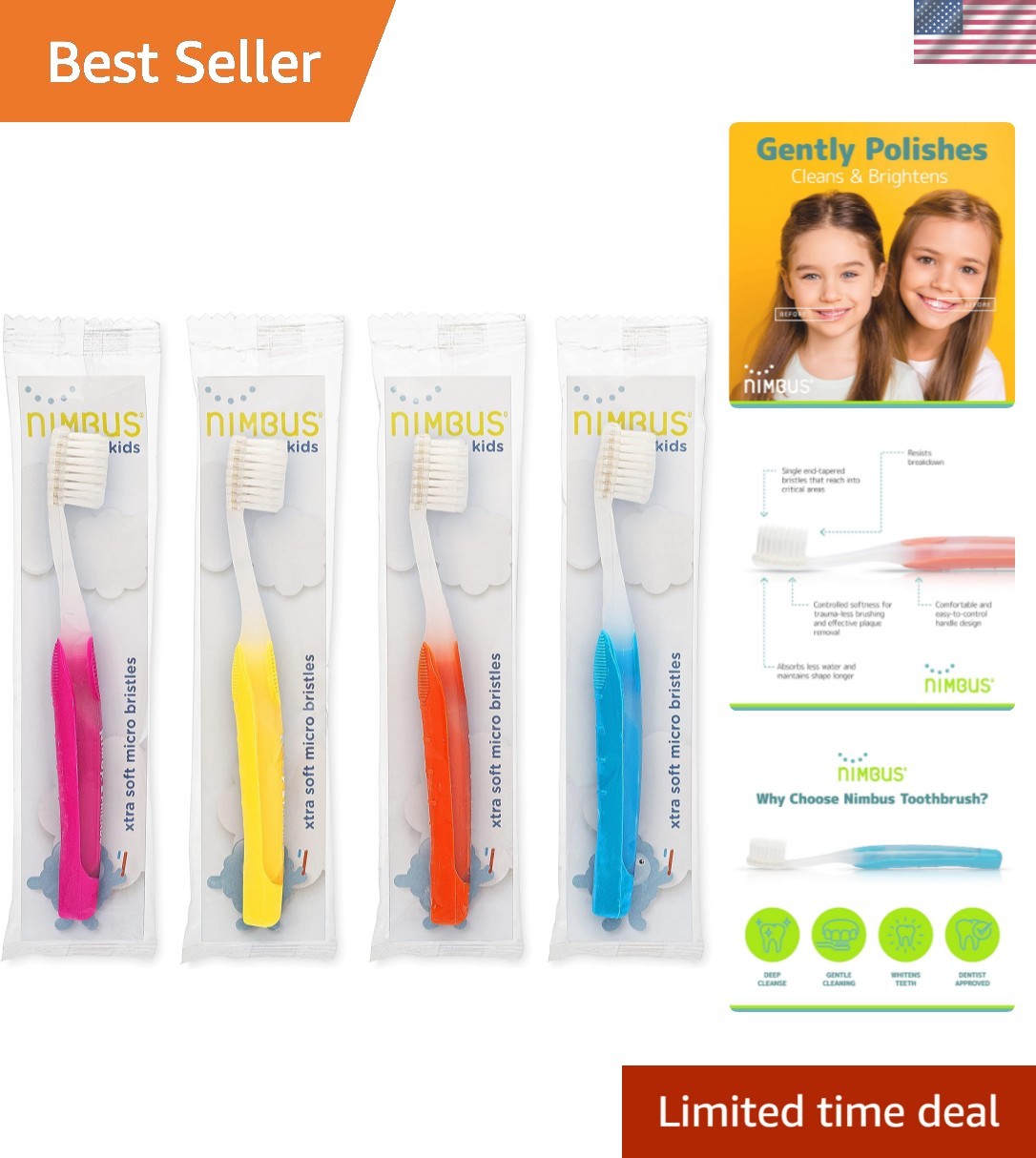 NIMBY Kid's Extra Soft Toothbrushes 4-Pack for Sensitive Gums - Travel Ready