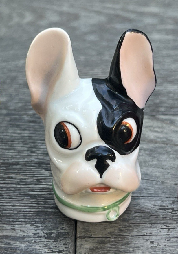 Rare Antique Boudoir Brush Whisk Head Porcelain Half Doll French Bulldog -German