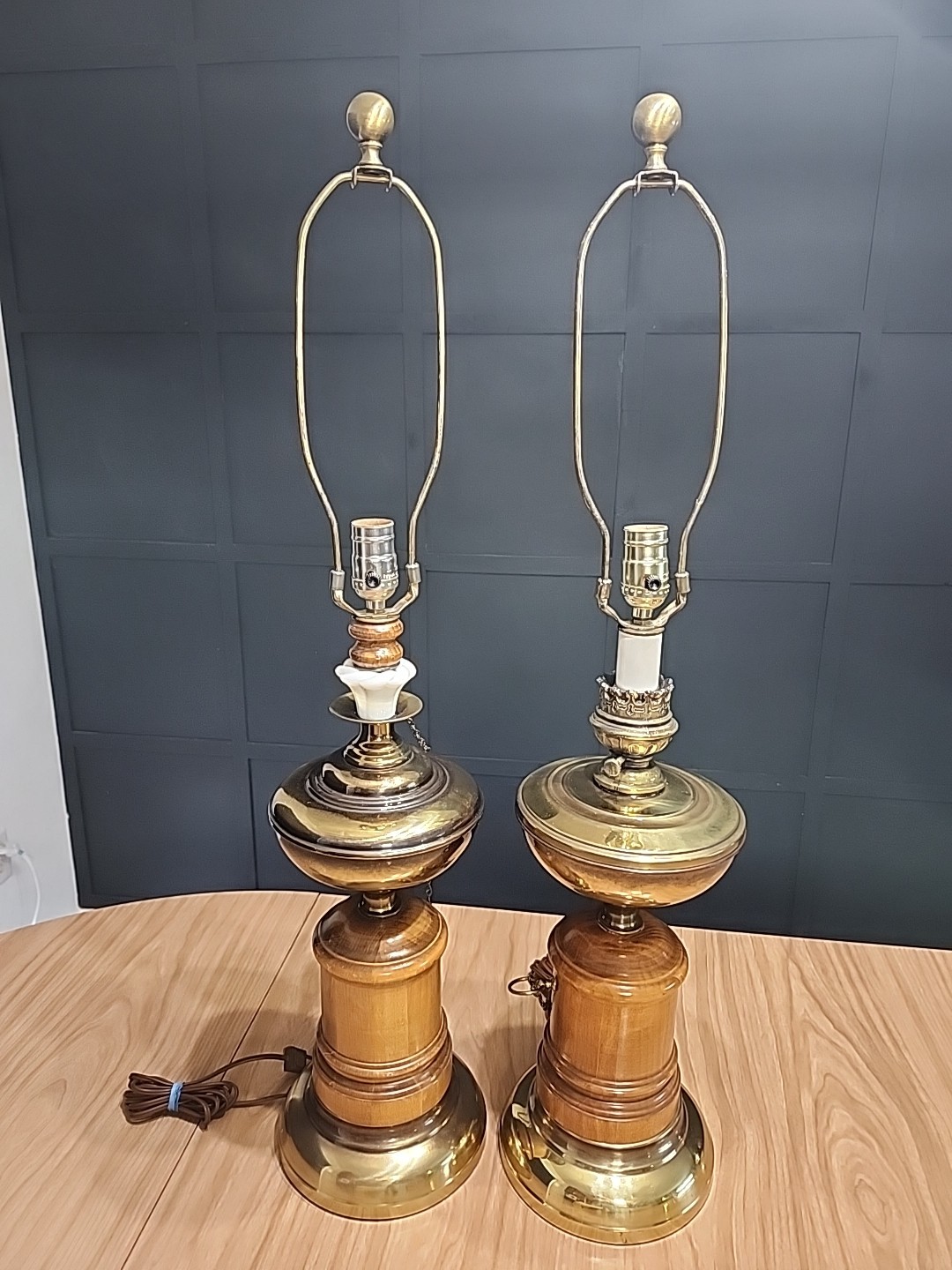 Pair of MCM Vintage Lamps Brass And Wood Complimentary Designs Appx 33 Inches
