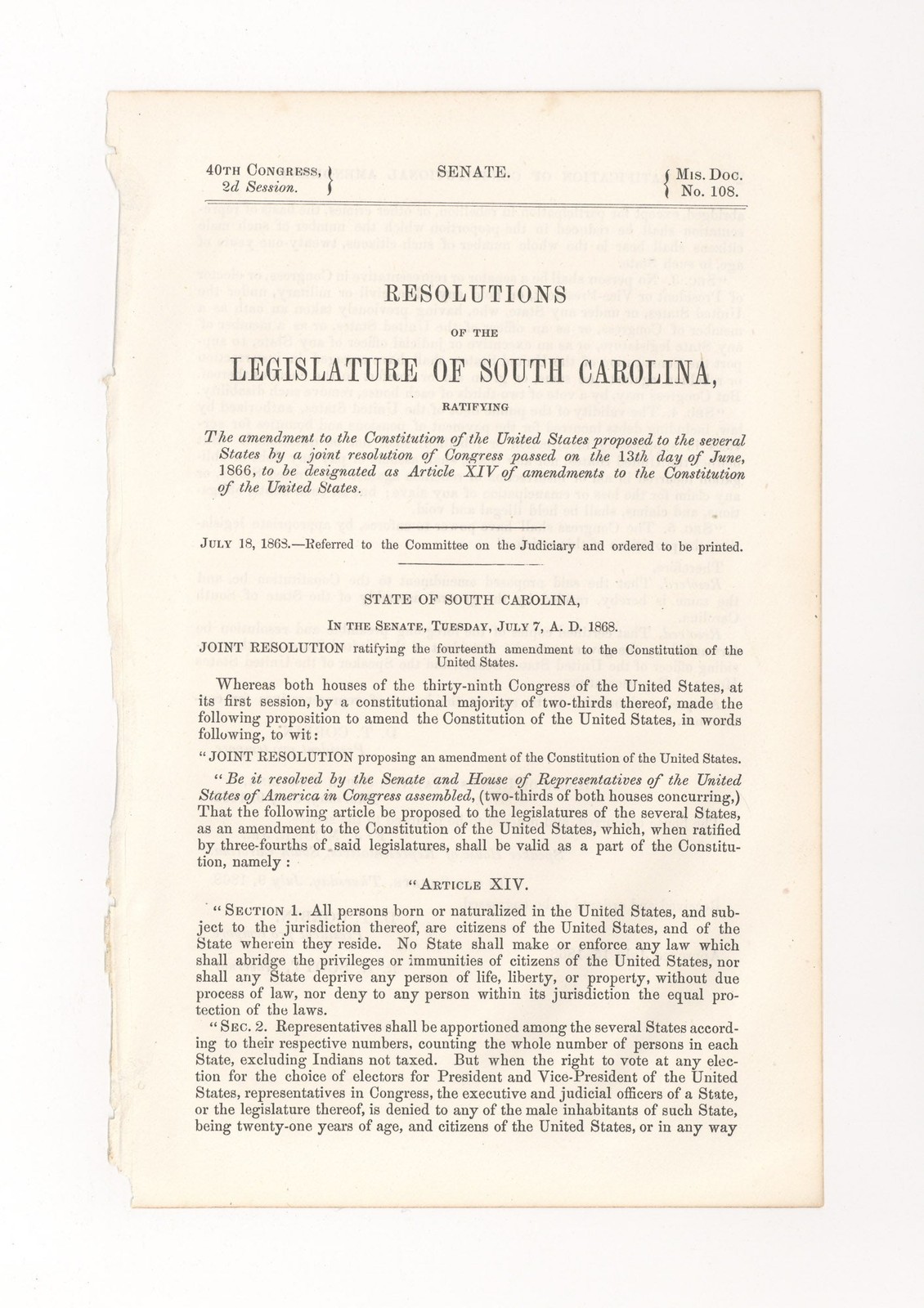 [U.S. Congress] – 1868 South Carolina Ratifies Fourteenth Amendment, U.S…