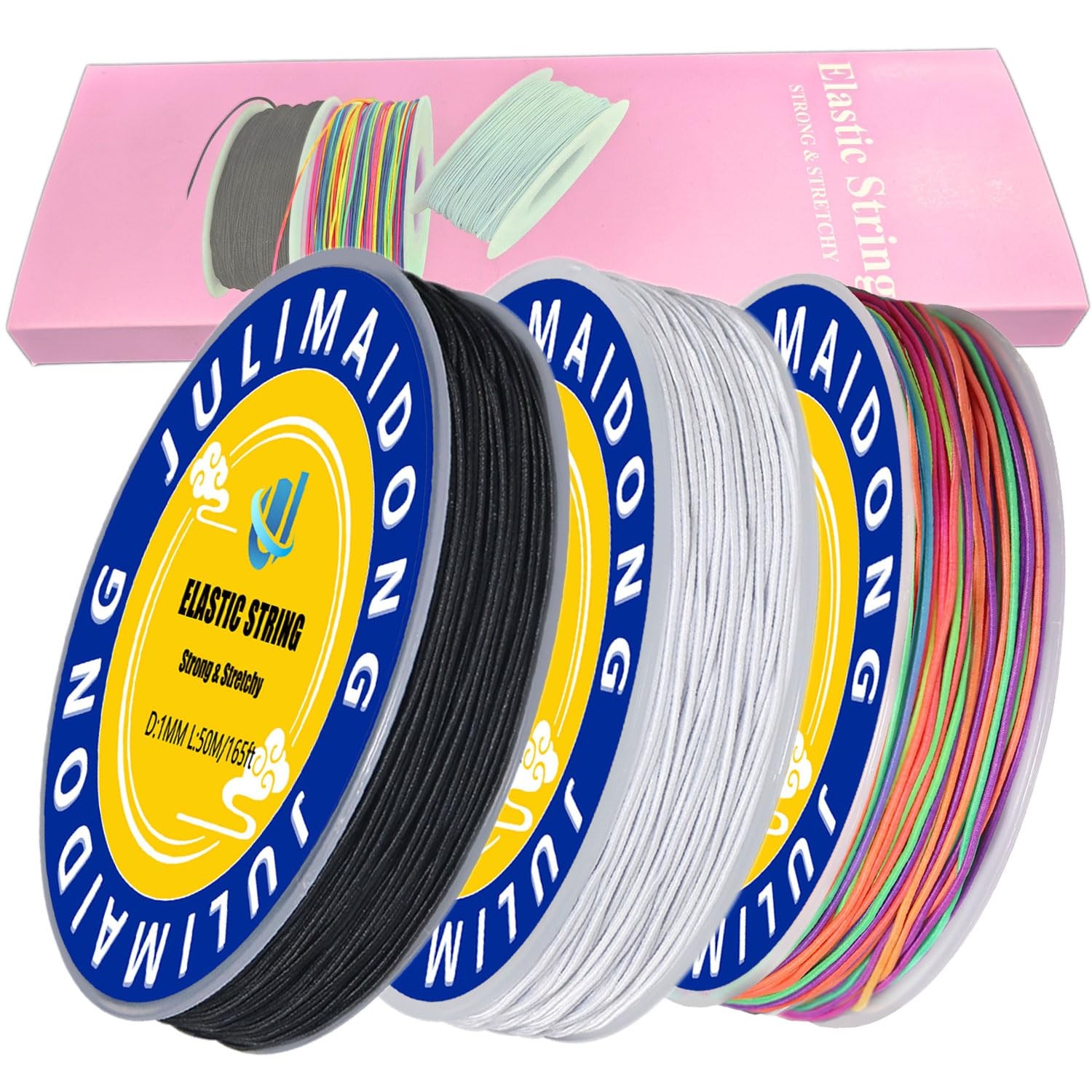 JULIMAIDONG 3 Rolls 1.0 mm 255 Feet 255ft, Black &White &Rainbow 