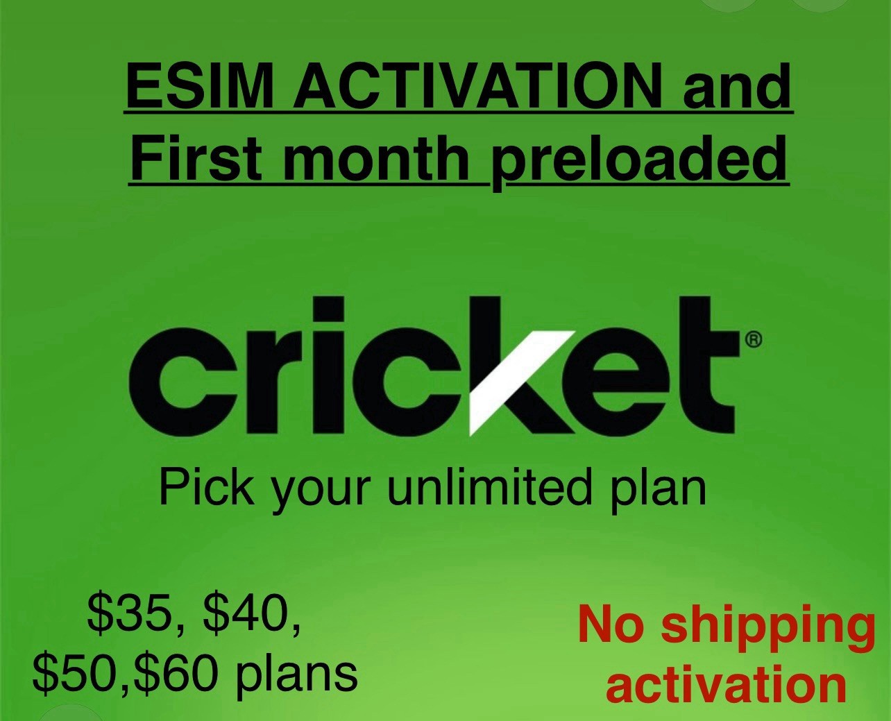 CRICKET  wireless ESIM INCLUDES $40 plan  30 DAYS UNLIMITED TALK/TEXT/DATA  5G
