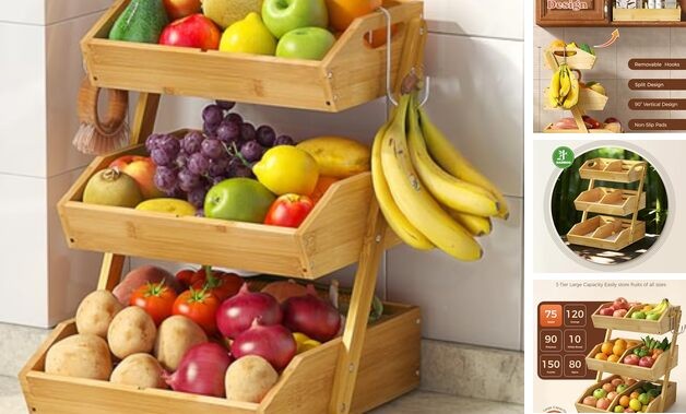 Large Bamboo Fruit Basket for Kitchen Counter with 2 Banana Holders, 3 Tier
