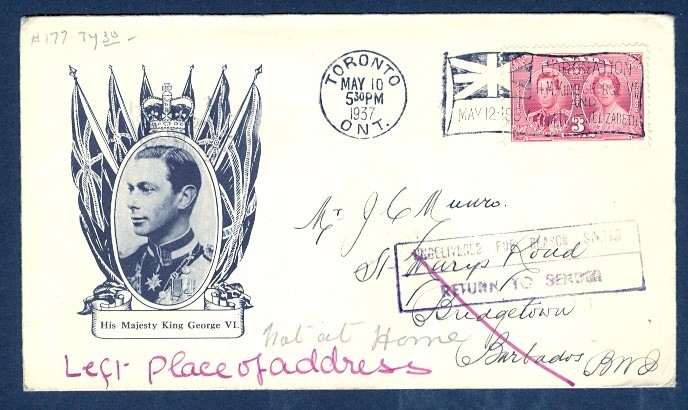 CANADA #237 FDC TO BARBADOS RETURNED DLO CANCELS