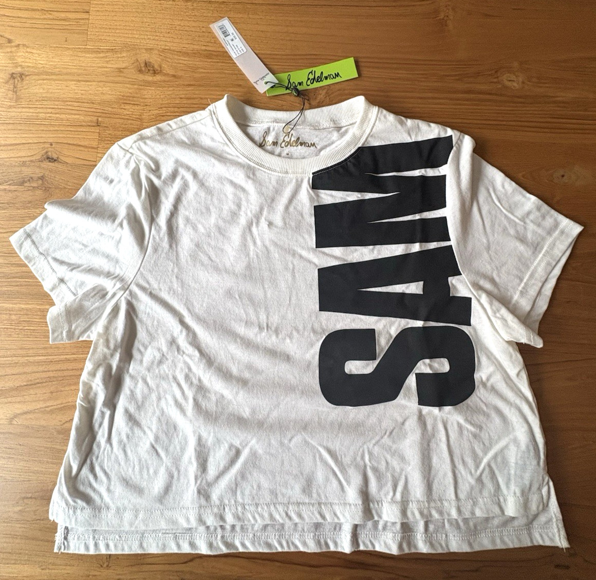 Sam Edelman Sleepover Boxy Crop Tee White Black Logo Graphic T-Shirt NWT M