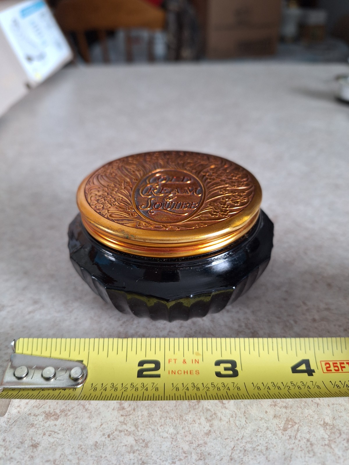 Vintage Cold Cream By Squibb Black  Glass Jar W/ Art Nouveau Copper Lid