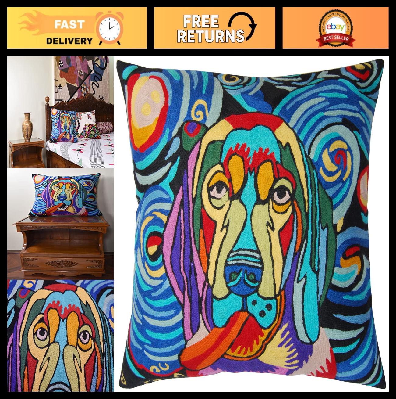 Hand Embroidered Dog Pillow Cover - Starry Night & Abstract Design, 18x18