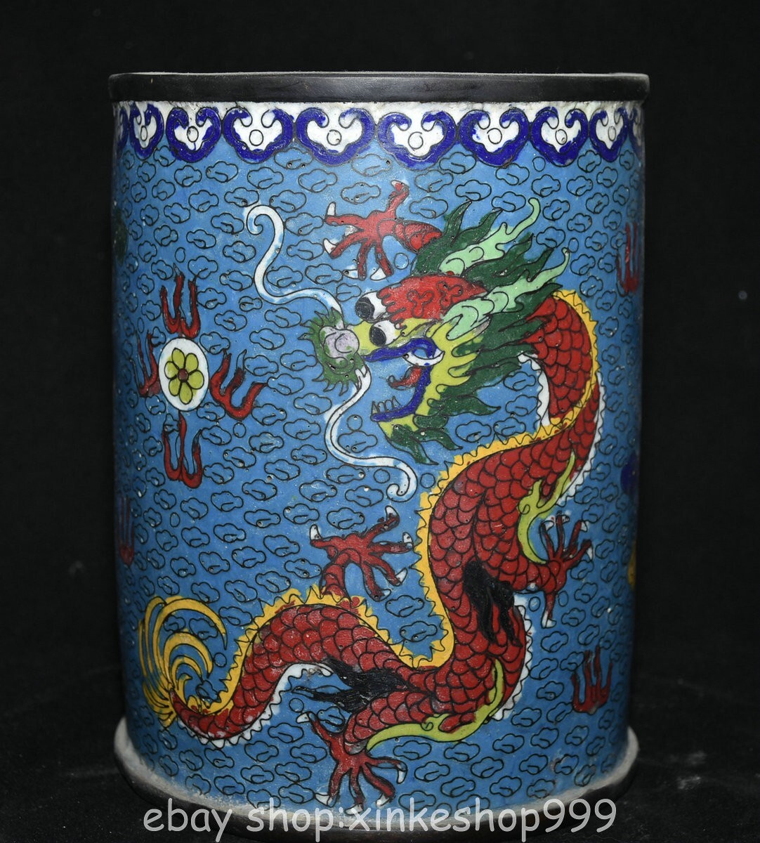 7.8" Qing Qianlong Chinese Bronze Cloisonne Dynasty Dragon Pen container