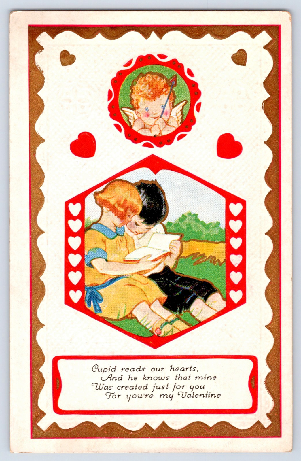Cupid Reads Our Hearts Boy & Girl Reading Book 1910s Embossed Valentine Postcard