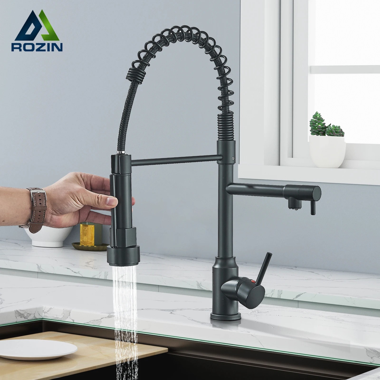 Black Kitchen Faucet With Pull Down Spring Sprayer Deck Mounted Hot and Cold