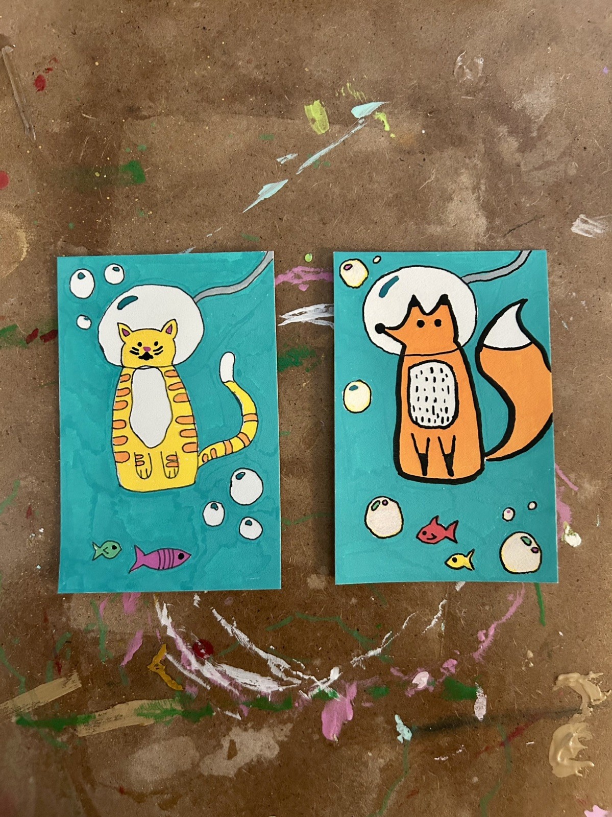 2-Pack Original ACEO Card Arts | Colorful Animal Illustrations | Acrylic Medium