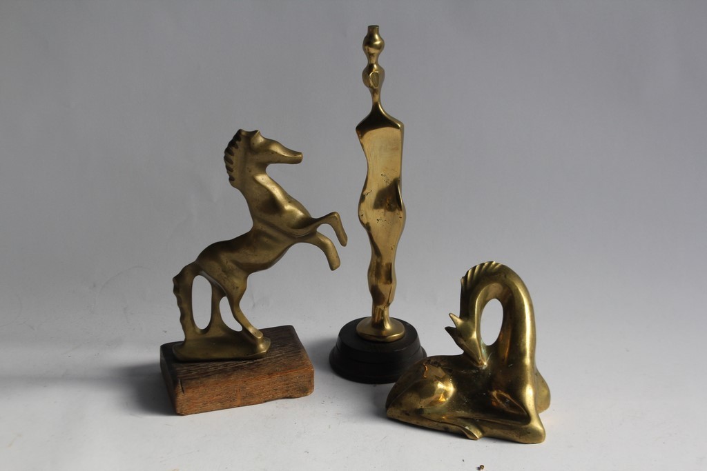 Antique bronze sculptures of a giraffe, horse, and woman (45838)