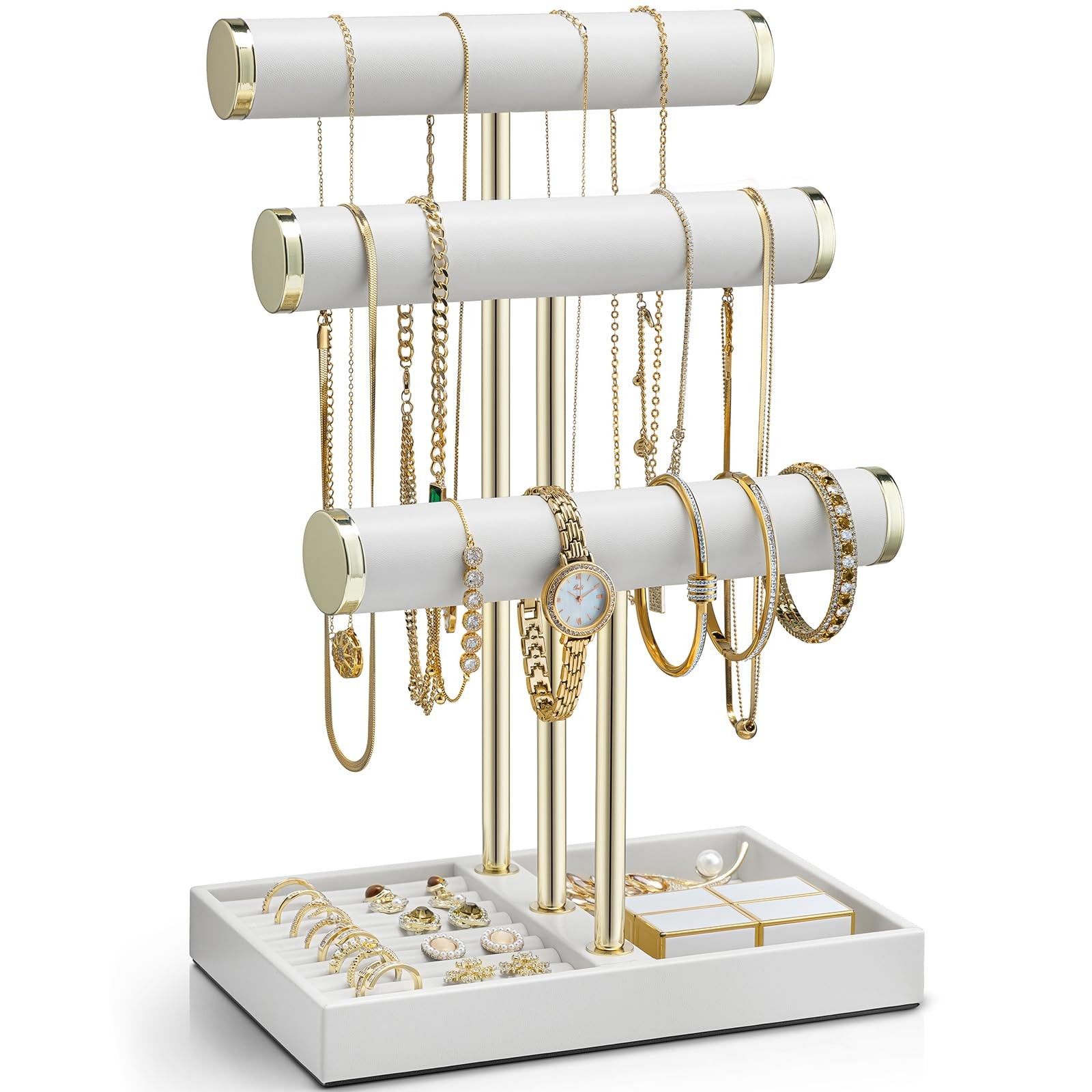 3 Tier Bracelet Holder Organizer with Tray - Leather Jewelry Stand Organizer ...