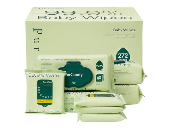 PurComfy Baby Wipes Unscented 272 Ct (4 Large Pack + 4 Travel Pac 