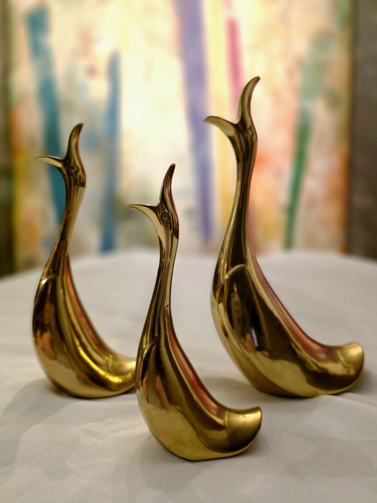 Made in Italy Vintage 70s Solid Brass Swan Statue Set of 3 Mid Century Modern