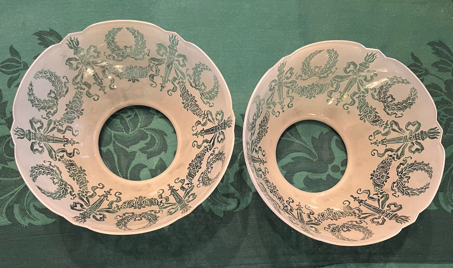 PAIR Antique Victorian Etched Wreath & Torch Glass Kerosene Oil Gas Lamp Shades