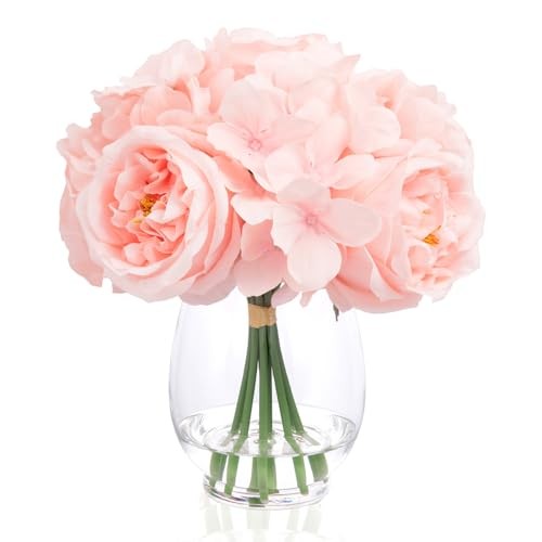 Silk Peonies Artificial Flowers in Glass Vase with Fake Water, Pink Blush Pink