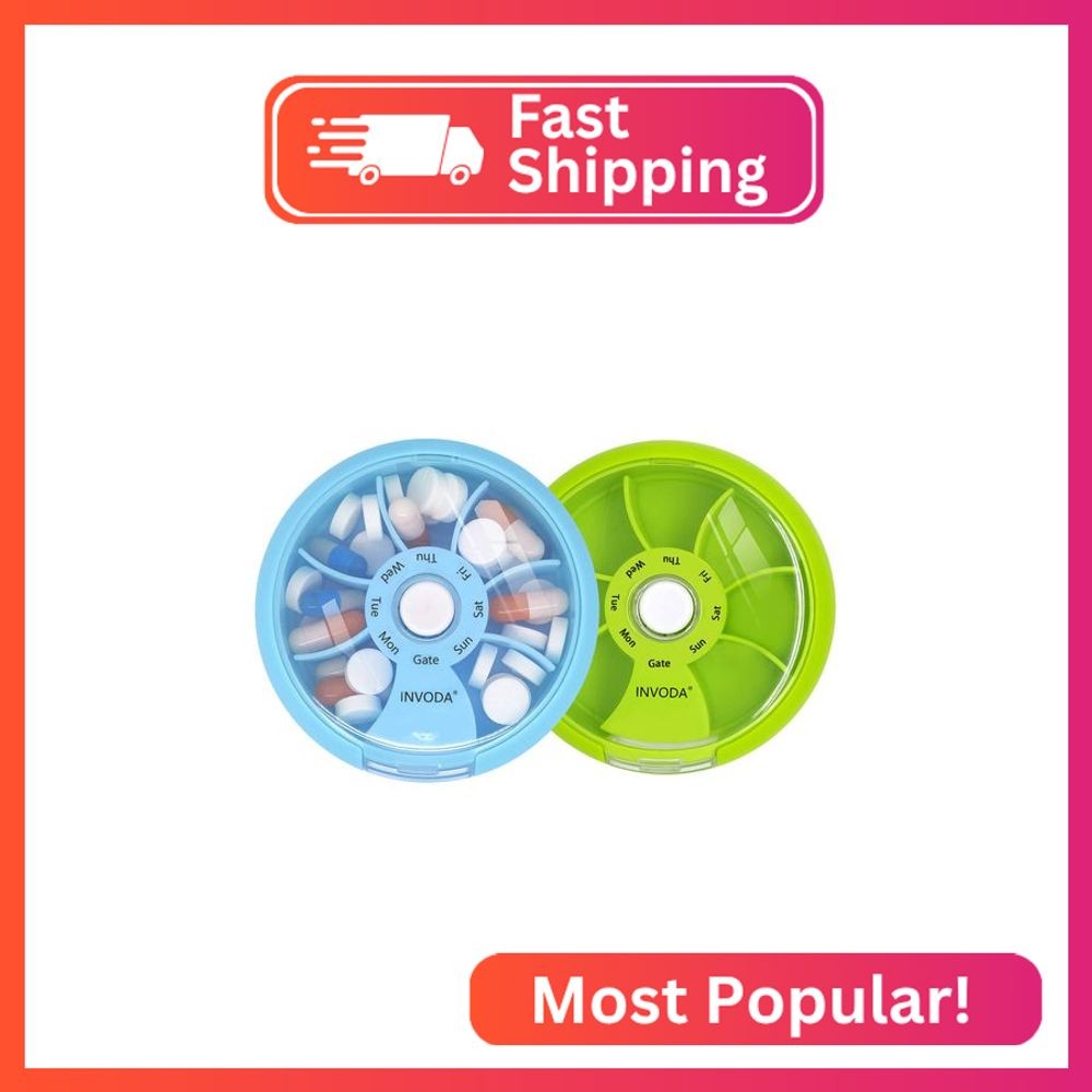 INVODA Weekly Pill Organizer 7 Compartment Rotating Pill Box for Daily Medicatio