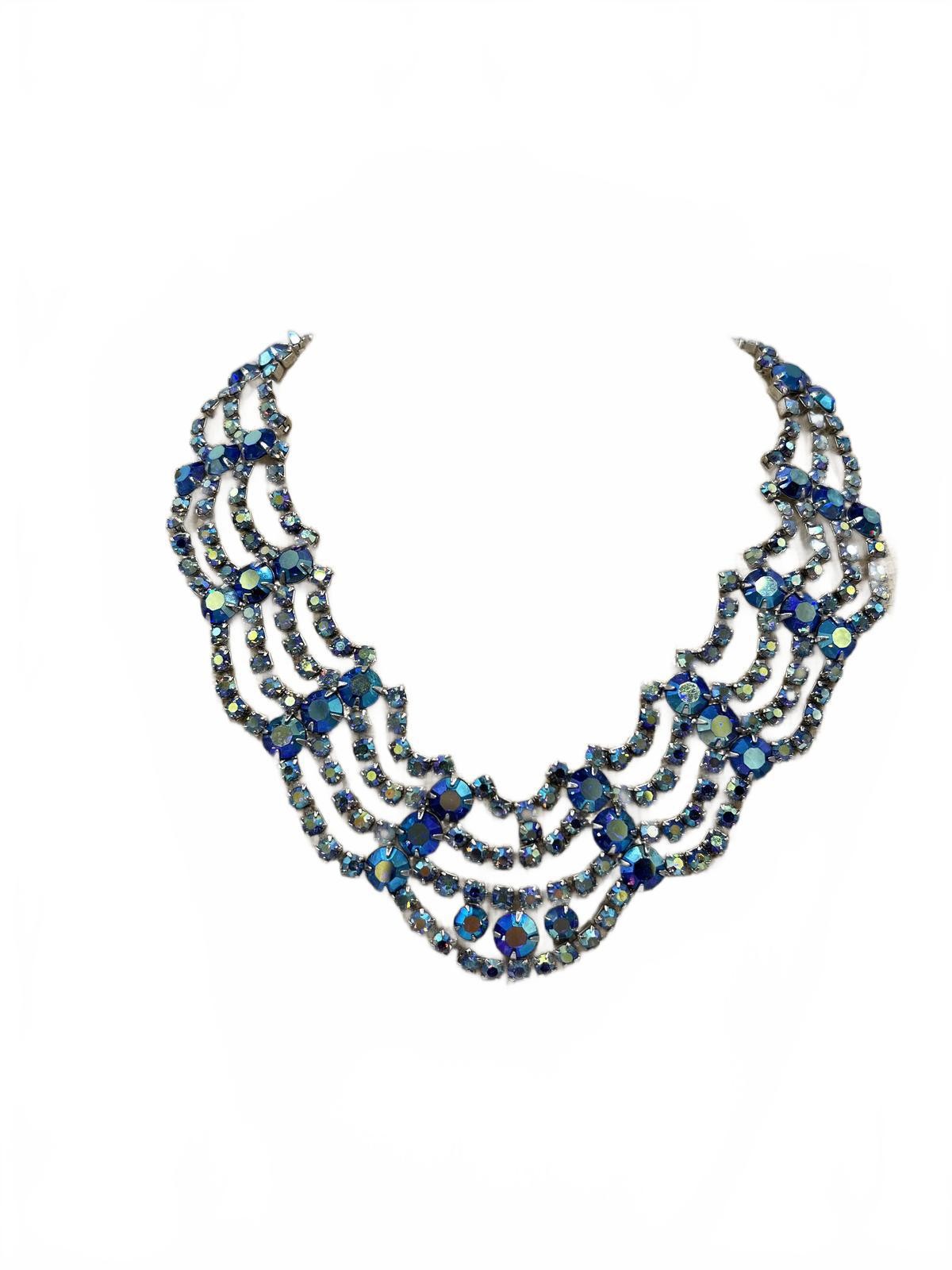 Vintage Blue Aurora Borealis Rhinestone Traditional Jeweled Necklace
