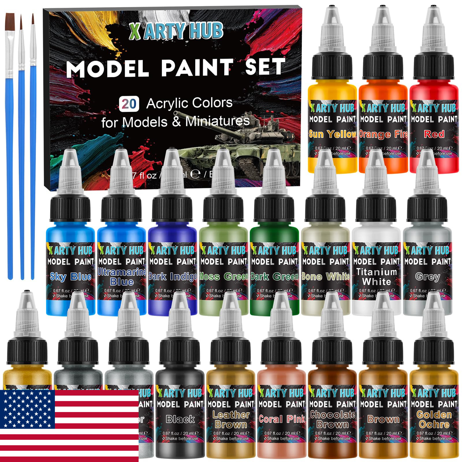 X ARTY HUB Model Paint Set - 20 Colors w/ 3 Brushes, Miniature Paints