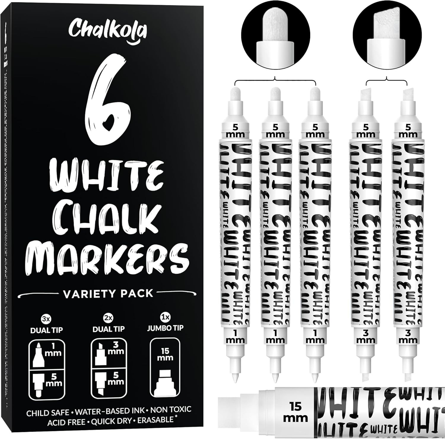 6 White Chalk Markers - Dual Tip, Fine & Jumbo Tip (1Mm, 3Mm, 5Mm, 15Mm) | Erasa