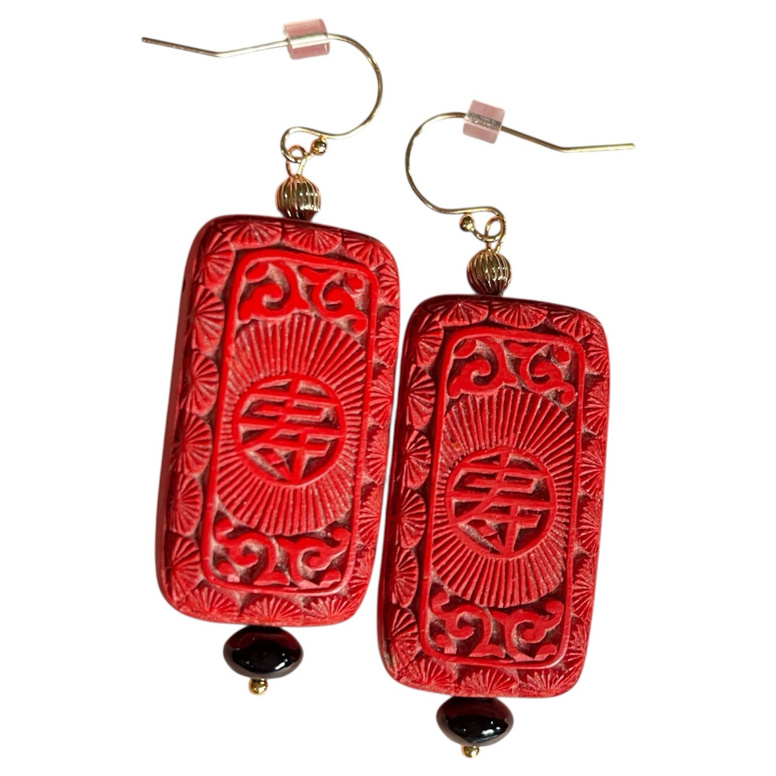 VTG Cinnabar Earrings Dangle 14k-GF Asian Hand Carved Red Retro Chinese-Trade