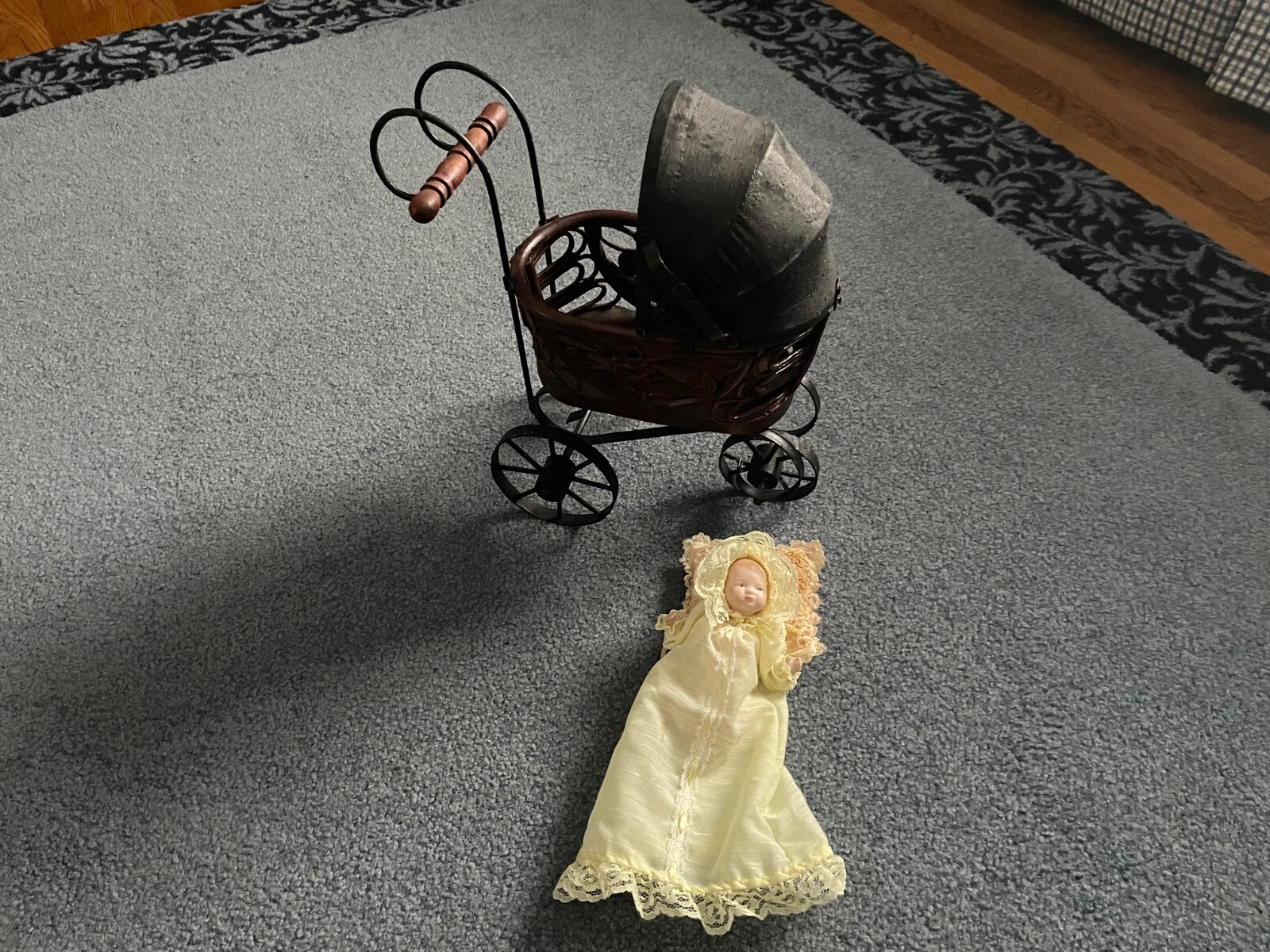 Antique Doll Pram Stroller 11"Metal, Wood & Canvas w/ Porcelain 5" Baby Doll