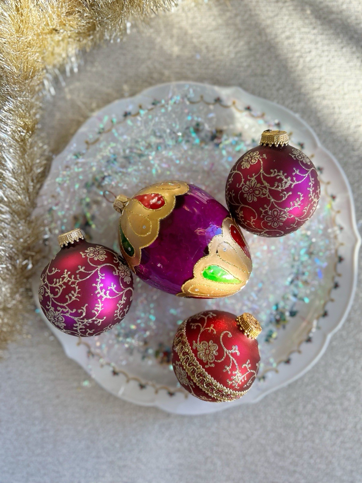 Glass Polish Ornament Hand Painted Vintage Mixed Lot Of Four Christmas