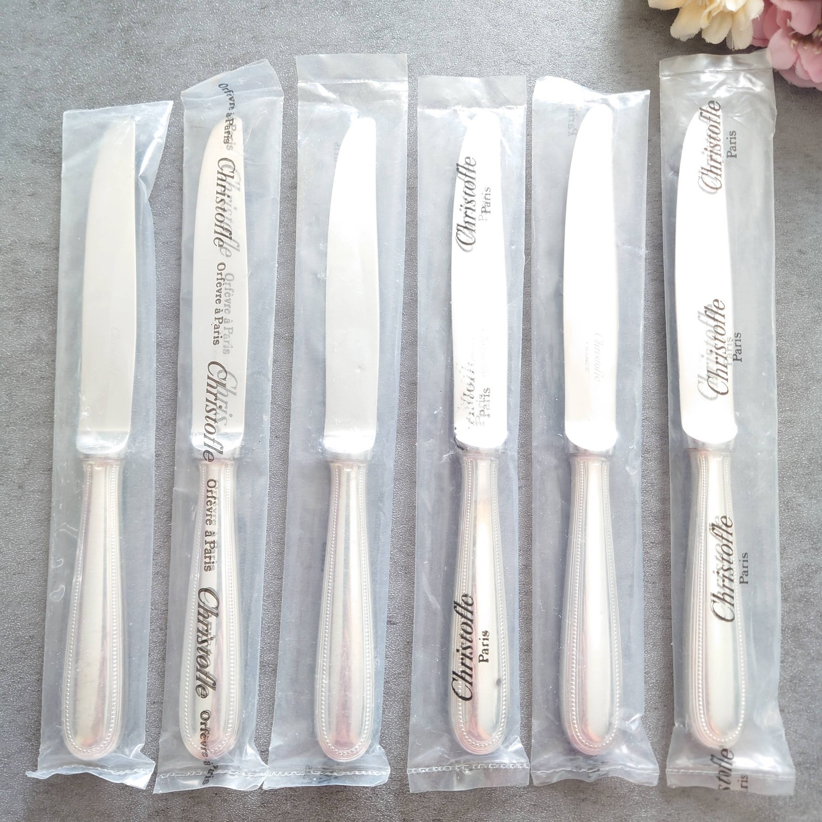 Christofle Perles 6pcs Silverplate Flatware Dessert Knife Brand New