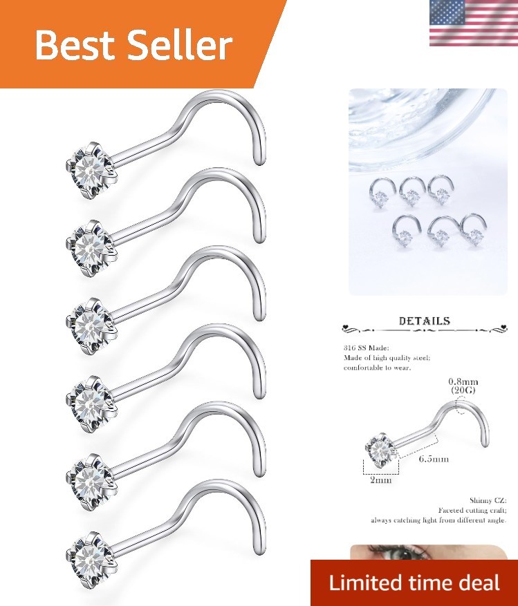 18G 20G 22G Stainless Surgical Steel Titanium Nose Rings Studs for Women L Sh...