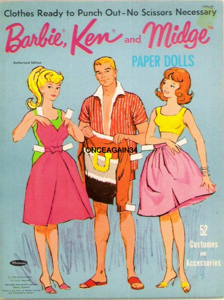 VINTAGE UNCUT 1963 BARBIE, KEN, & MIDGE PAPER DOLLS~PRETTY #1 TOP REPRODUCTION