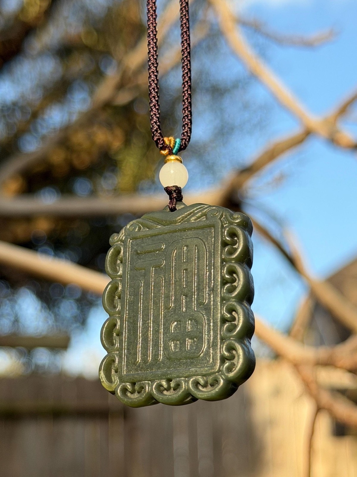 Natural green jade carved character Pendant Necklace 福牌handmade Prosperity Charm