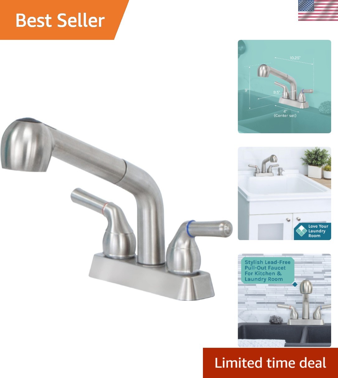 Dual Handle Pull Out Faucet, Stainless Steel Finish, 4 Inch Center Set, Unive...