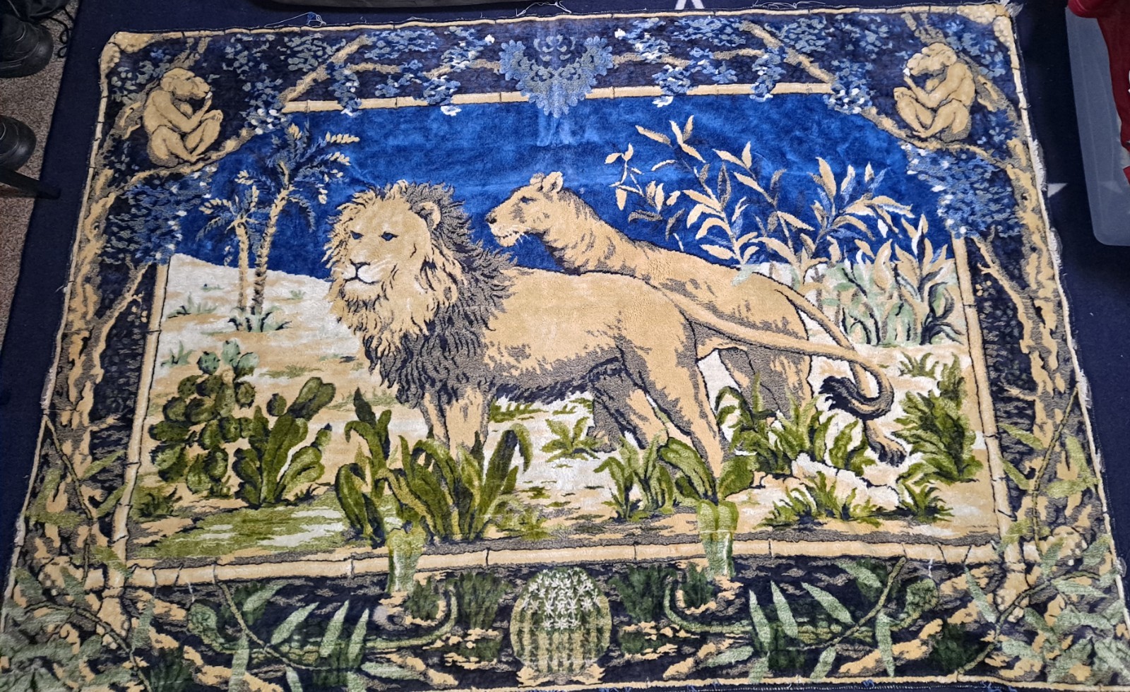 Vintage 1970s Chinese Lion Tapestry Wall Hanging Rug 70.5" x 47" Asian Art Decor