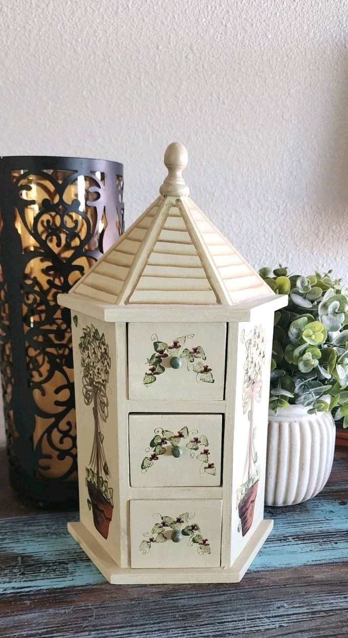 Vintage Jewelry Box Cabinet Tole Painted Topiary Wooden 