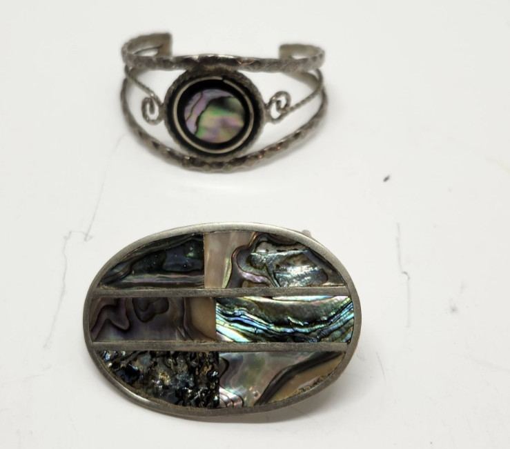 Set Vintage Ladies Belt Buckle & Cuff Bracelet Abalone MOP Inlay Alpaca Mexico