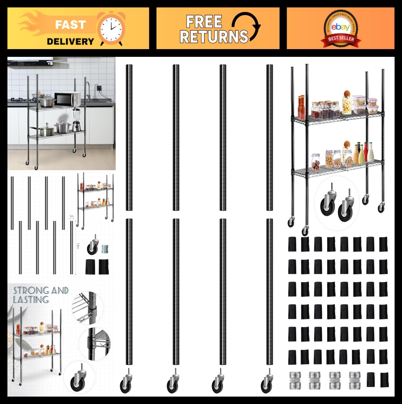 Set of 4 Chrome Wire Shelving Poles with 50 Plastic Shelf Clips & Caster Wheels