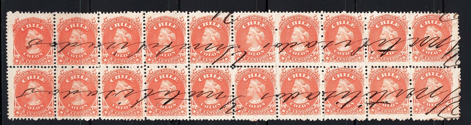 CHILE 1867 First Perforate 5c massive block of 20