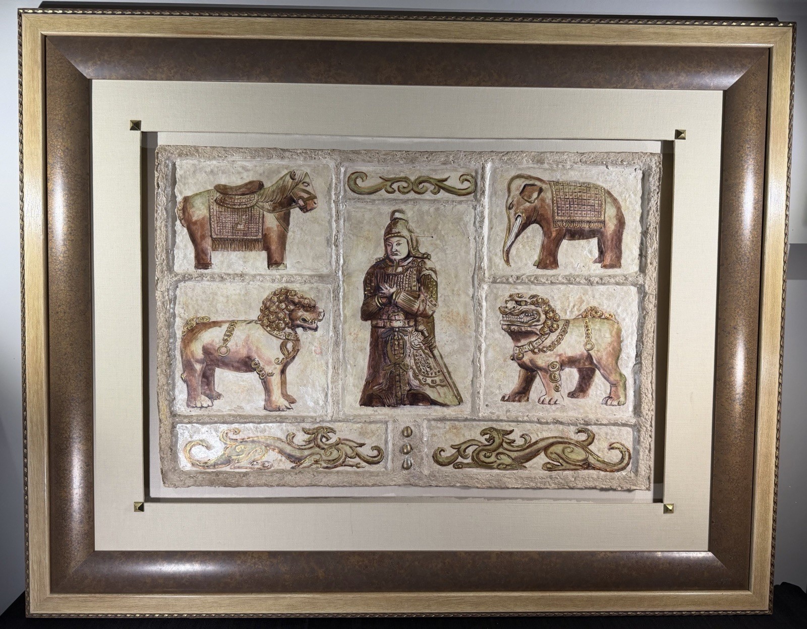 Large Textured Mixed Media Relief Wall Art Oriental Motif Framed